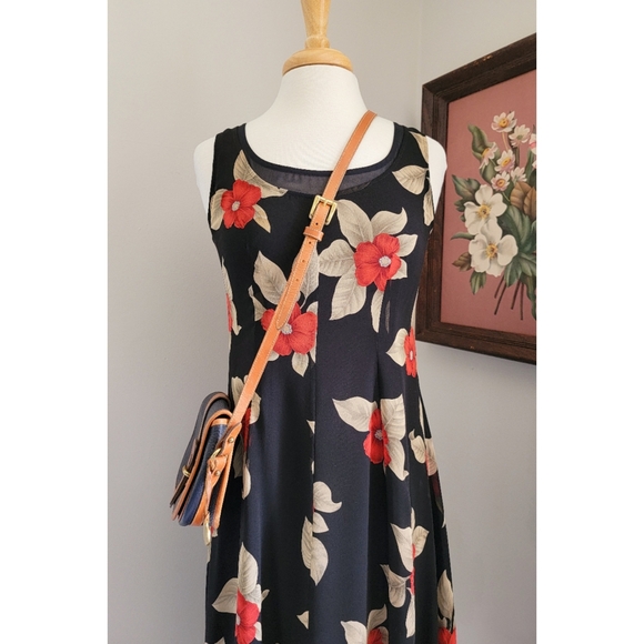 90s Black Floral Silk Scoop Neck 1990s Vintage Fully Lined Sleeveless Midi Dress - Picture 14 of 14